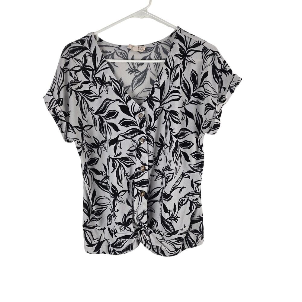 Flower & Feather Art Deco Cap Sleeve Top M Womens White Black V Neck Casual‎
